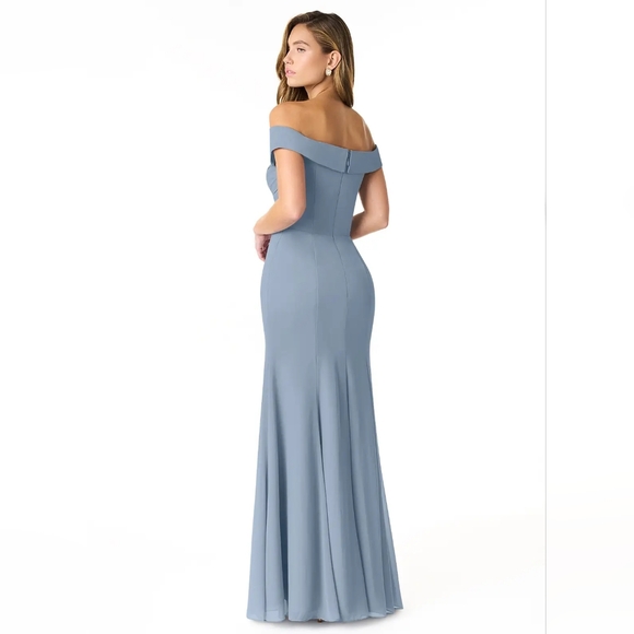 Azazie Lecia Dusty Blue Empire Off-the-Shoulder Pleated Chiffon Dress - Picture 2 of 9